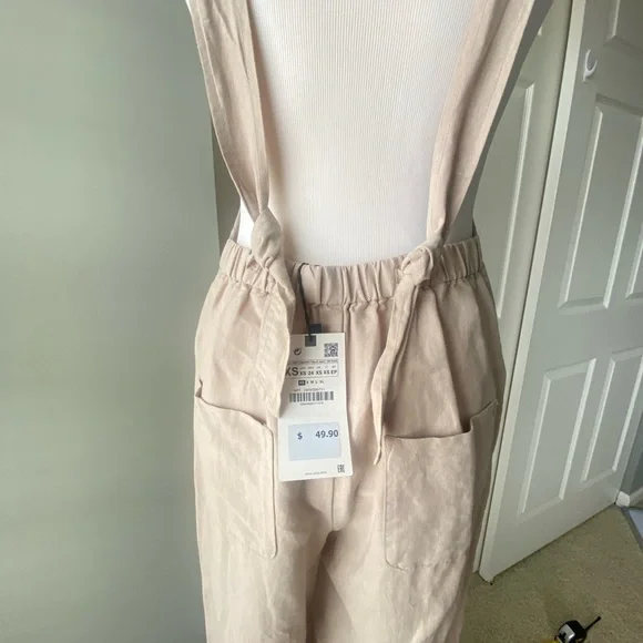 NWT ZARA Linen Cotton Beige cream Jumpsuit Pants Cut Out Xsmall Orig $50 - Picture 4 of 15